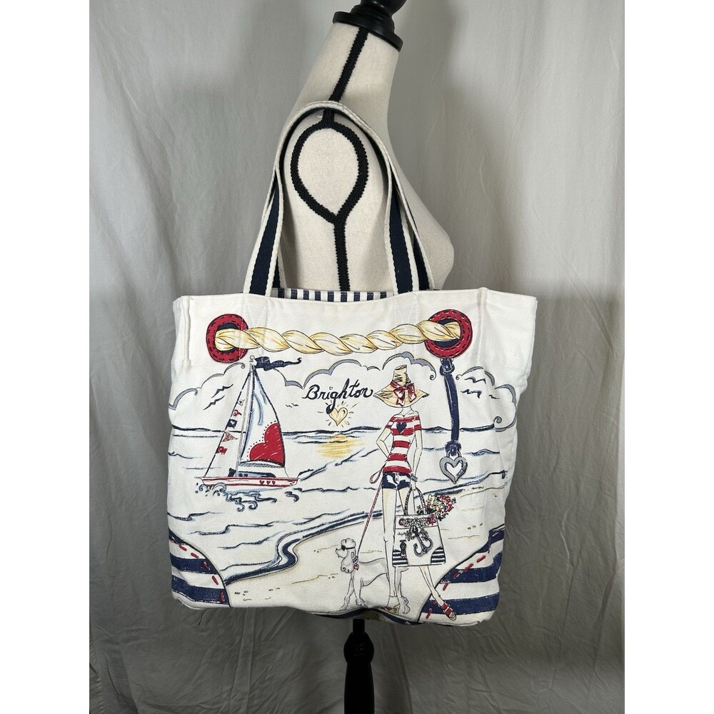BRIGHTON Nautical Beach Canvas Shopper Tote Bag Red/White/Blue Anchor Sailboat - Picture 2 of 13